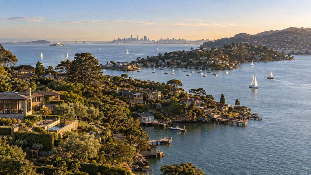 Aerial-style view of luxury homes and sailboats along the Belvedere and Tiburon waterfront with San Francisco in the distance.