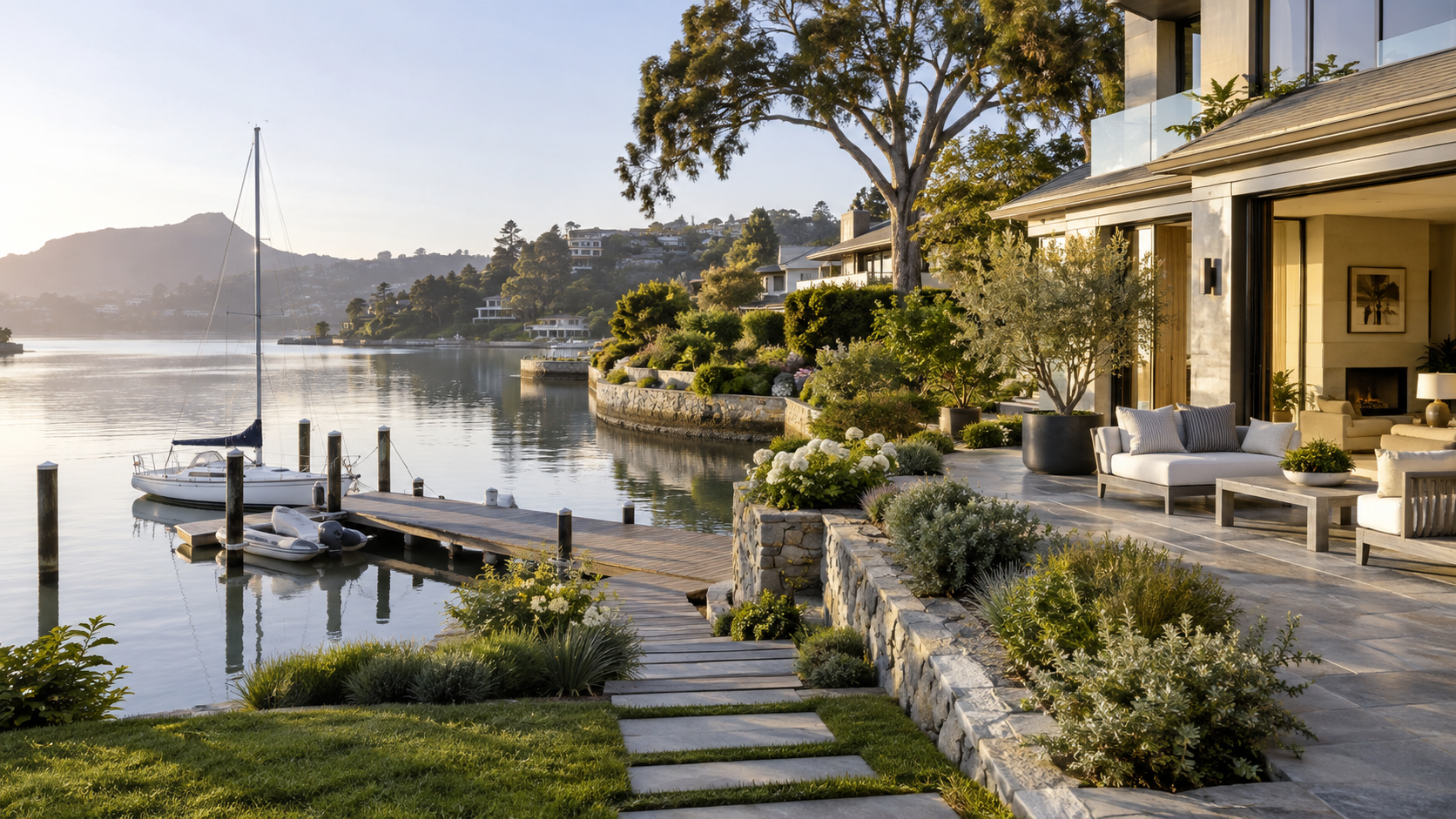 Luxury Belvedere-style waterfront home with a landscaped terrace, seawall edge, private dock, sailboat and calm lagoon water.