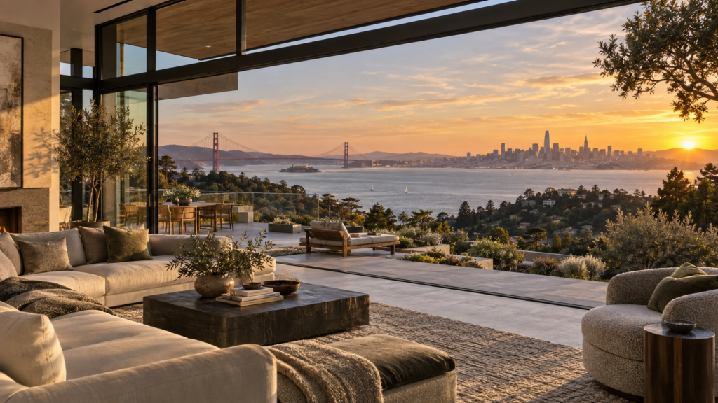 Architecturally refined Belvedere-style living room and terrace framing panoramic views of San Francisco Bay, the Golden Gate Bridge and skyline at sunset.